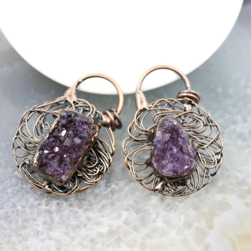 Pendant Necklaces Brass Wire Wrapped Natural Amethyst Druzy Geode Pendants Reiki Energy Quartz Antique Style Birds Nest Necklace DIY Jewelry