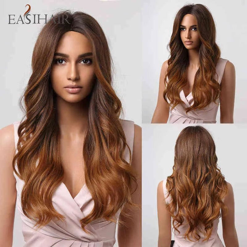 EasiHair Long Red Brown Wavy Synthetische pruiken Midden Deel Oranje gemberkleur voor zwarte vrouwen cosplay hittebestendig 220525