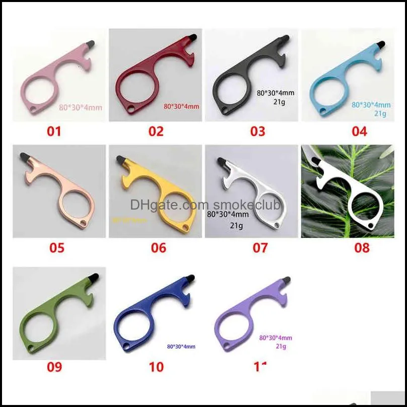 8 color Metal Safety Touchless Door Opener Stylus Key Hook metal Hands Free Door Handle Opener Tool Keychain with silicone head HHD769