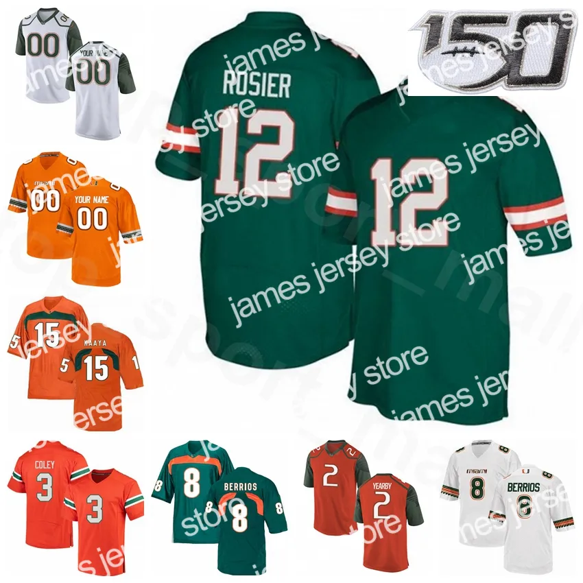 New College NCAA Football Miami Hurricanes 12 Malik Rosier Jersey 스티치 8 Braxton Berrios Brad Kaaya Stacy Coley Joseph Years By Duke Johnson