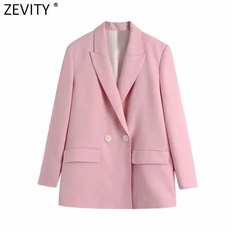 Zevity Women Elegant Double Breasted Casual Pink Blazer Coat Vintage Long Sleeve Suits Female Outerwear Chic Business Tops CT701 210927