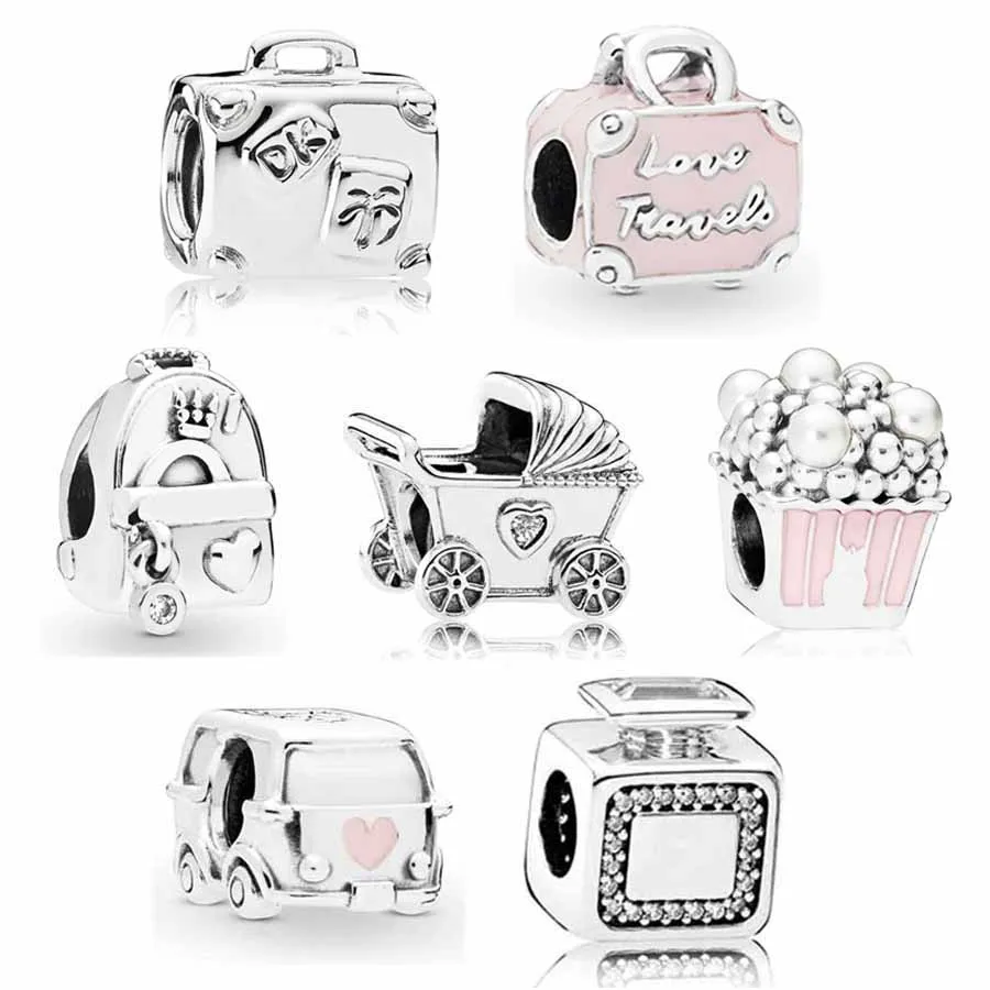 Ciondolo in argento sterling 925 originale carrozzina per bambini con valigia di cristallo da viaggio popcorn perle perline perline Pandora Charms braccialetto accessori gioielli fai da te