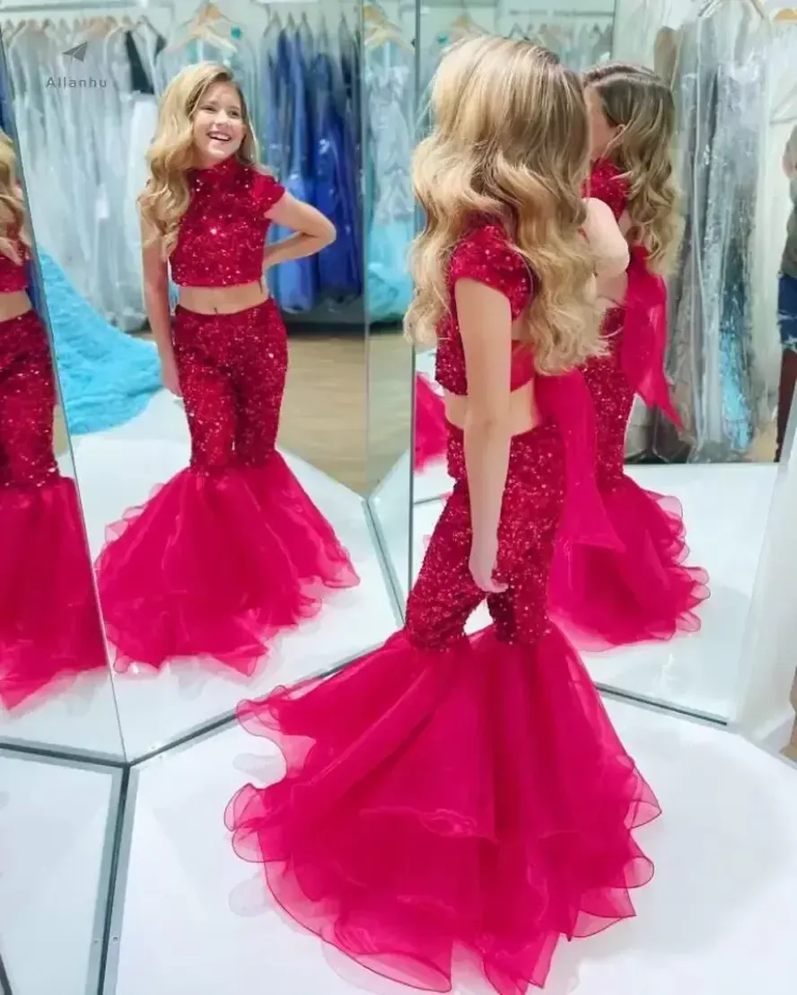 Two Pieces Girl Pageant Dress Sequins Pants Organza Bell Bottoms Little Kids Birthday Cap Sleeves High Neck Formal Party Gowns Infant Toddler Teens Preteen 0730