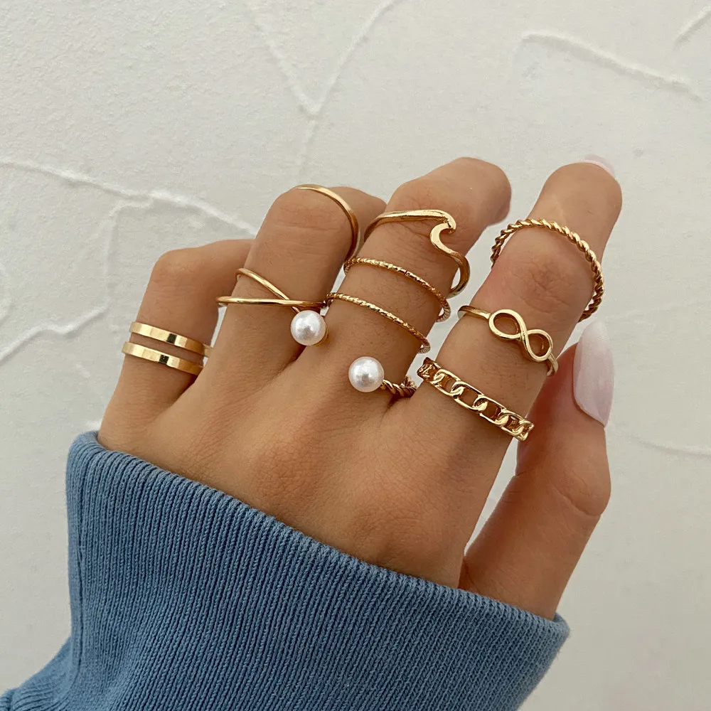 Women Bohemian Pearl Knuckle Ring Creative Retro Geometric Gold Joint Rings Set Fashion Jewelry 10 pcs / set