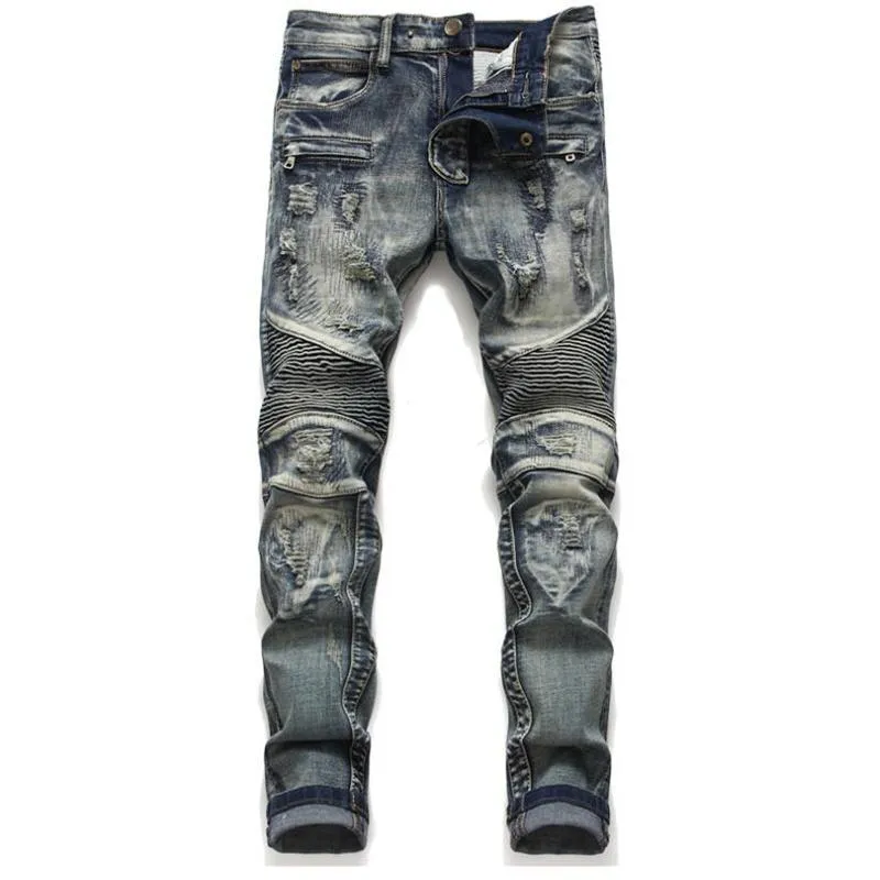 Men's Jeans Selling Men's Denim Trousers Original Design Stitching Blue Hole Patch Small Straight Tube Stretch Motorcycle Pants