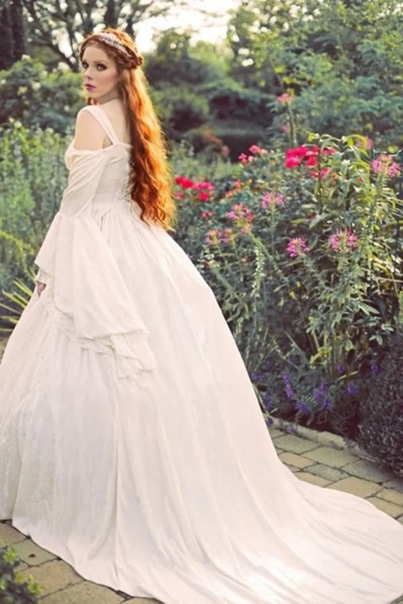 Vintage Gothic Lace Princess Gothic wedding dresses with Flare Long Sleeves and Gothic Corset - Perfect for Boho Bridal Gown, Masquerade, and Country