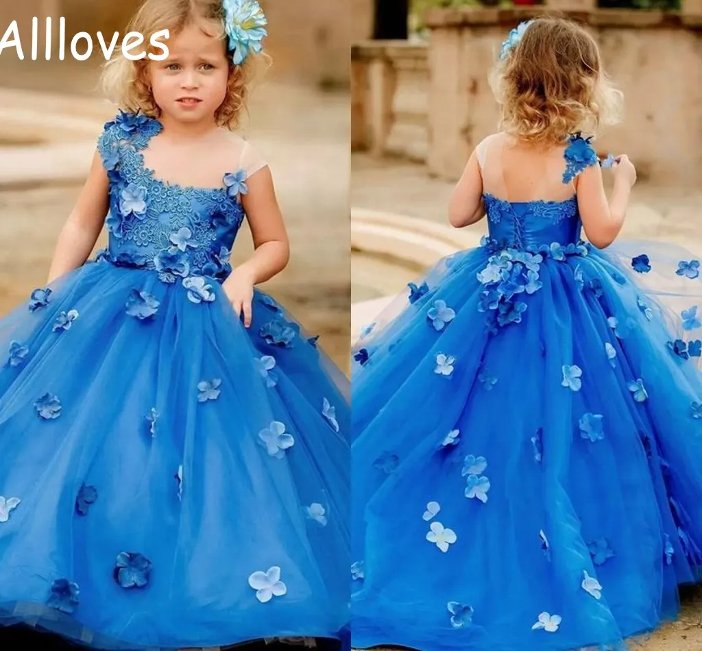 Cute 3D Flowers Little Girl's Pageant Gowns Lace Appliqued Sheer Neck Puffy Princess Flower Girl Dresses For Wedding Cap Sleeves Formal Dress For Kids Toddler CL0133