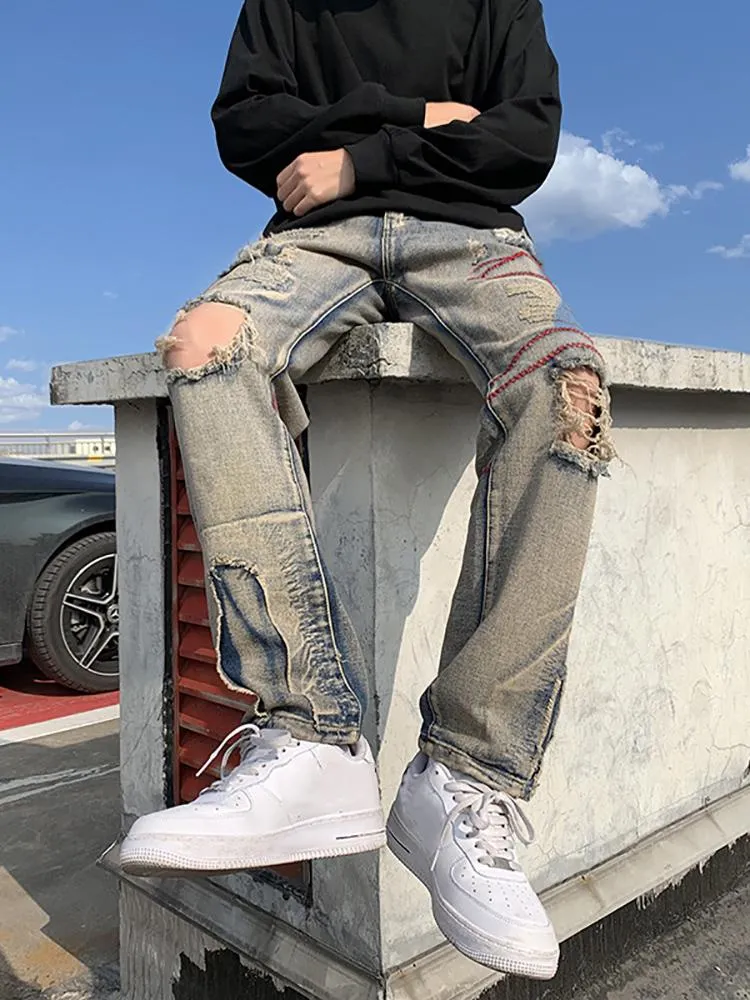 Jeans da uomo strappati per uomo Straight Fit Hollow Out Street Wear Pantaloni hip-hop da uomo Biker DistressedMen's