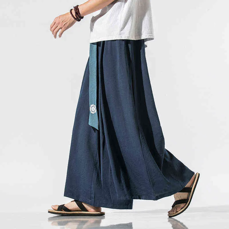 2022 Summer Men Wide Leg Pants Mens Cotton Linen Retro Trousers Man Chinese Style Hanfu Pants Male Big Crotch Nepal Robe Pants L220706