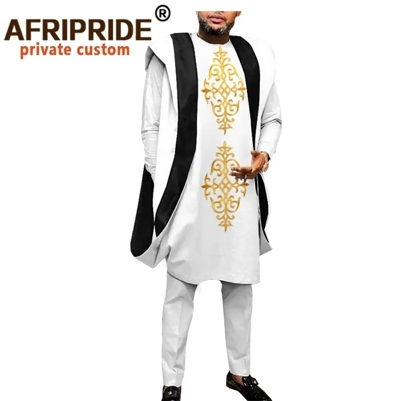 Abbigliamento africano per uomo Dashiki Ricamo Agbada Robe Plus Size Dashiki Abiti Cappotti Camicie e pantaloni Set 3 pezzi A044 201109