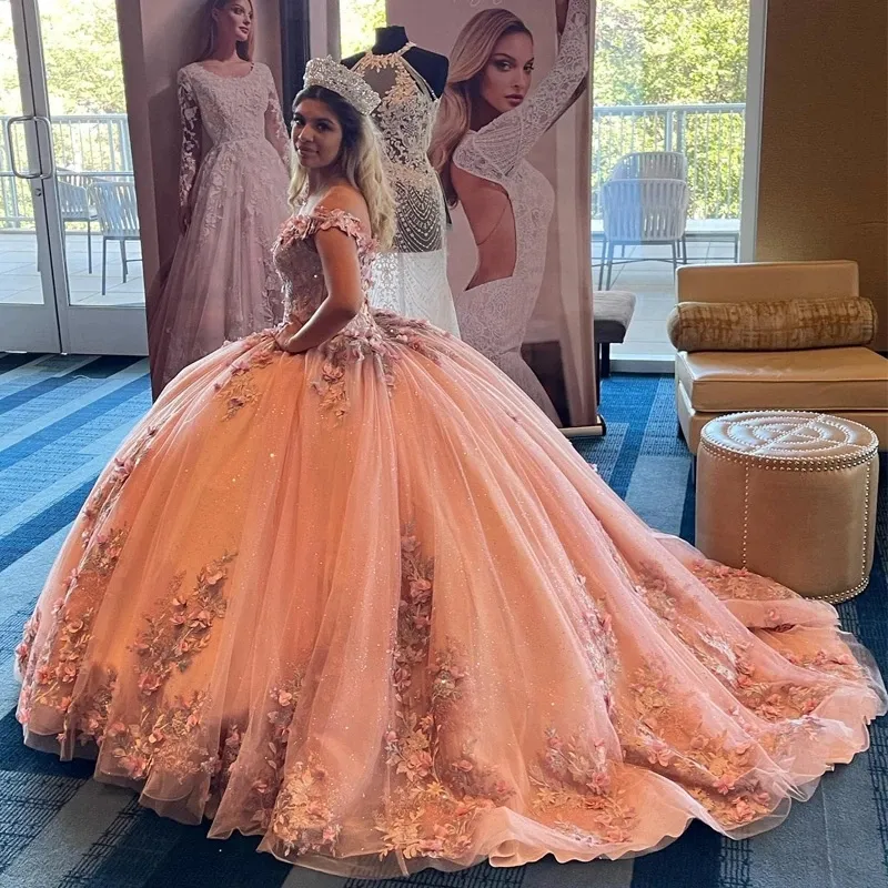 Peach Pink Floral Lace Quinceanera Dress Sweet 15 Prom Gown Bead Applique A Line Sweep Train 2024 Birthday Wear