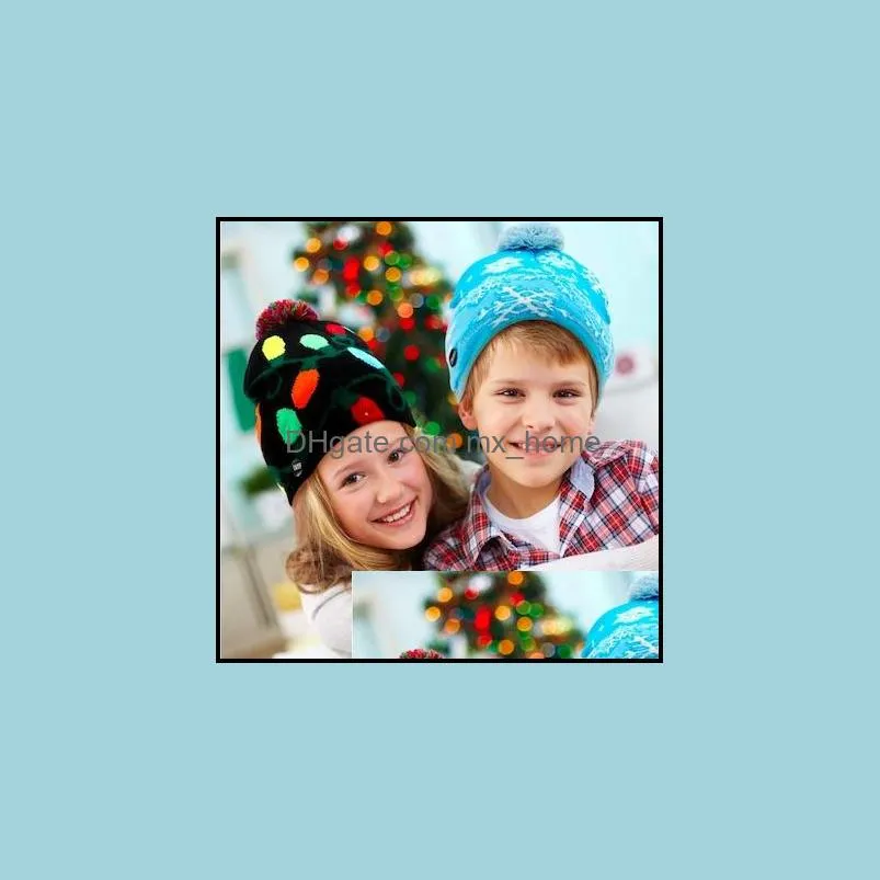 14 Designs Kids Christmas Knitted LED Lights Beanie Santa Claus Elk Snowflake Winter hat beanies For Kids Adults Christmas Party 09