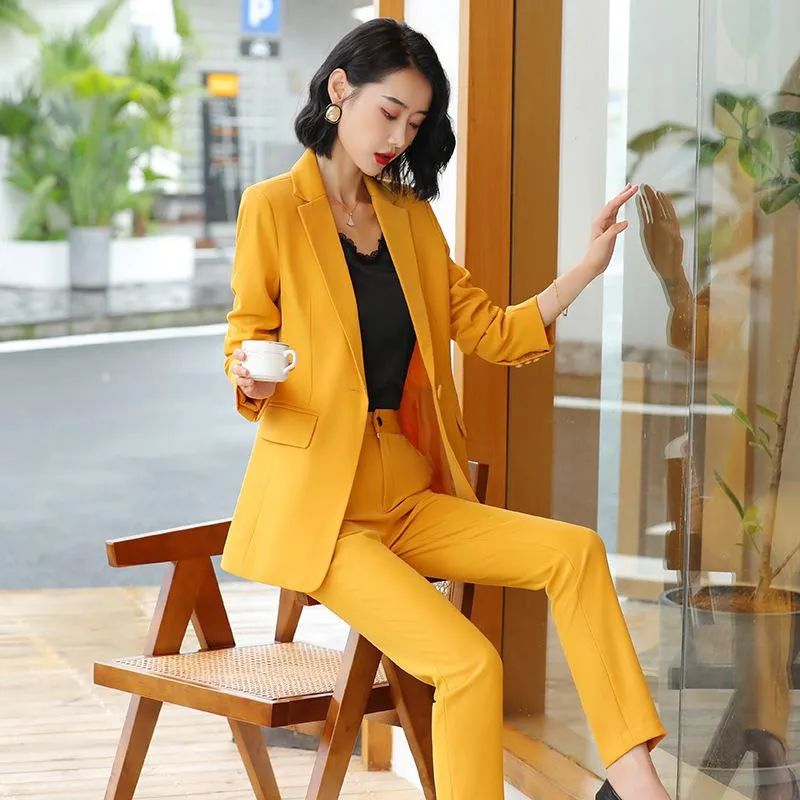 Kvinnors tvåbitar byxor Style Autumn Yellow Womens Peice Set med Pant Uniform Office Elegant Business Blazer och byxarbeten Wearwomen's