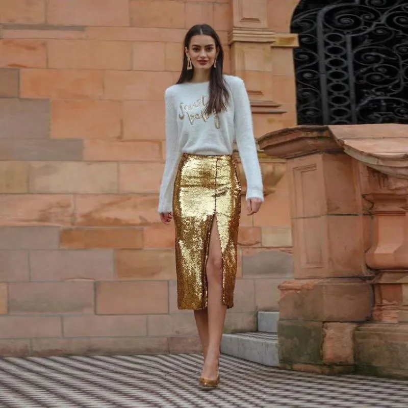 Gold Sequin Midi Skirt: Glittering Long Skirt for Parties Dance