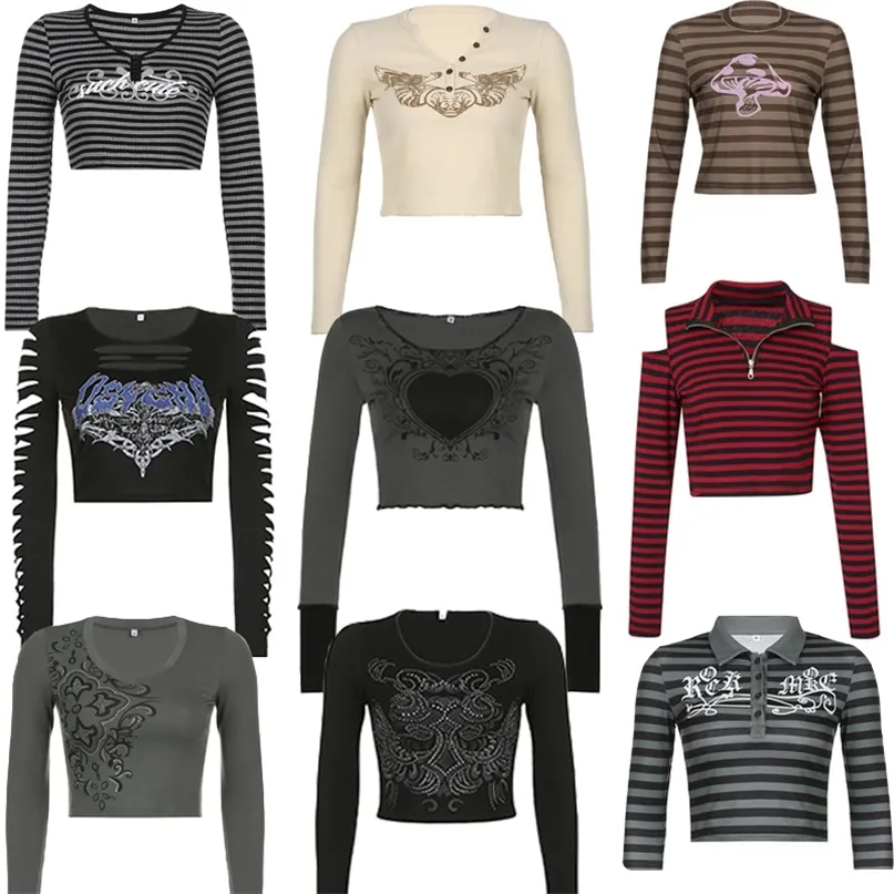 トップス thenewyouthpark* Y2K tops Women Y2K Star Shirt Long Sleeve Patchwork Striped Top
