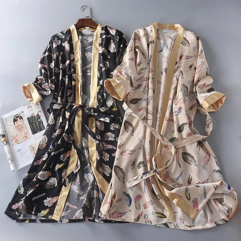 Women's Sleepwear Spring Couple Bathrobe Three Quarter Silk Robe Home Clothing Satin Print Kimono Robes Men Women Long Sleep Wear Dressing G