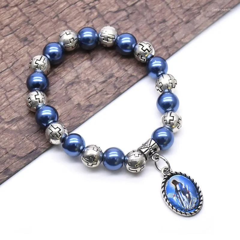 Link Chain Our Lady Of Guadalupe Virgin Mary Bracelet Blue Imitation Pearl Cross Beads Bracelets For Women Religious Beaded Jewelry
