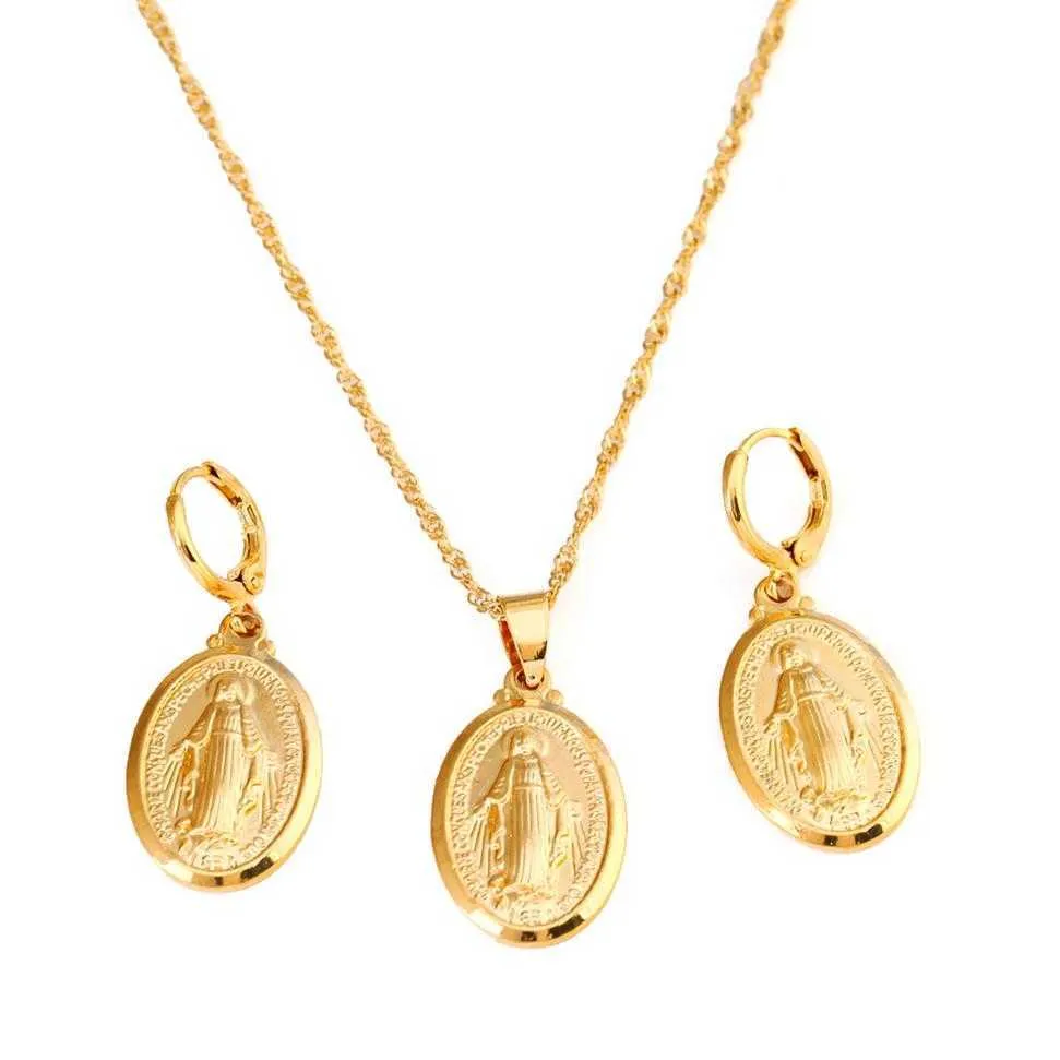 Złoto 24K Płytna katolicka biżuteria chrześcijańska Matka Kolejka Design Virgin Mary Pendant Naszyjnik 230D