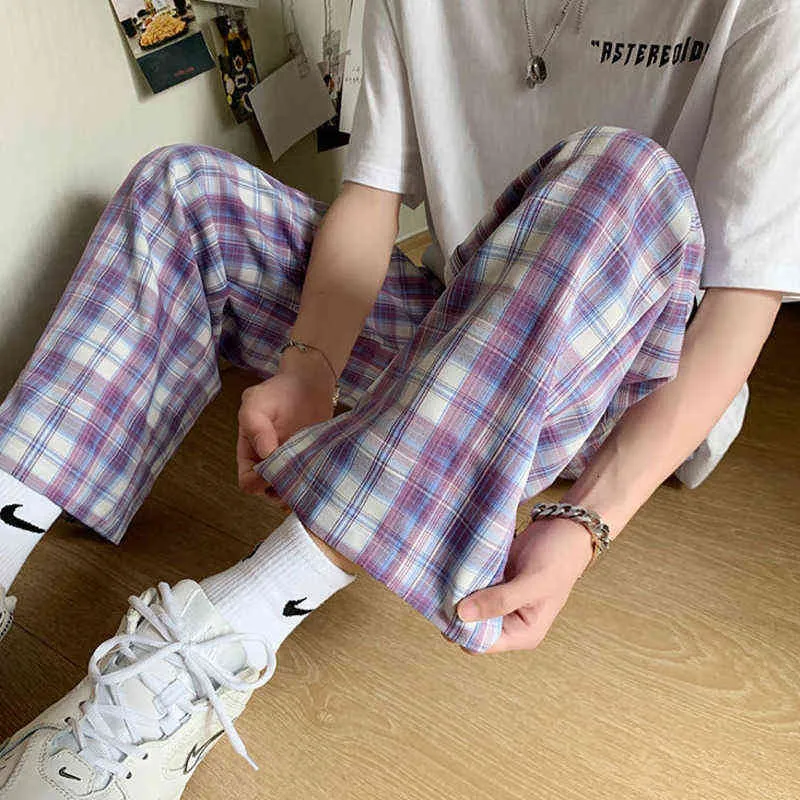 Hybskr Plaid Men's Casual Pants Fashion Harajuku Wide Leg Pants Women Pants Hip Hop Streetwear Male Brand Trousers Y220601