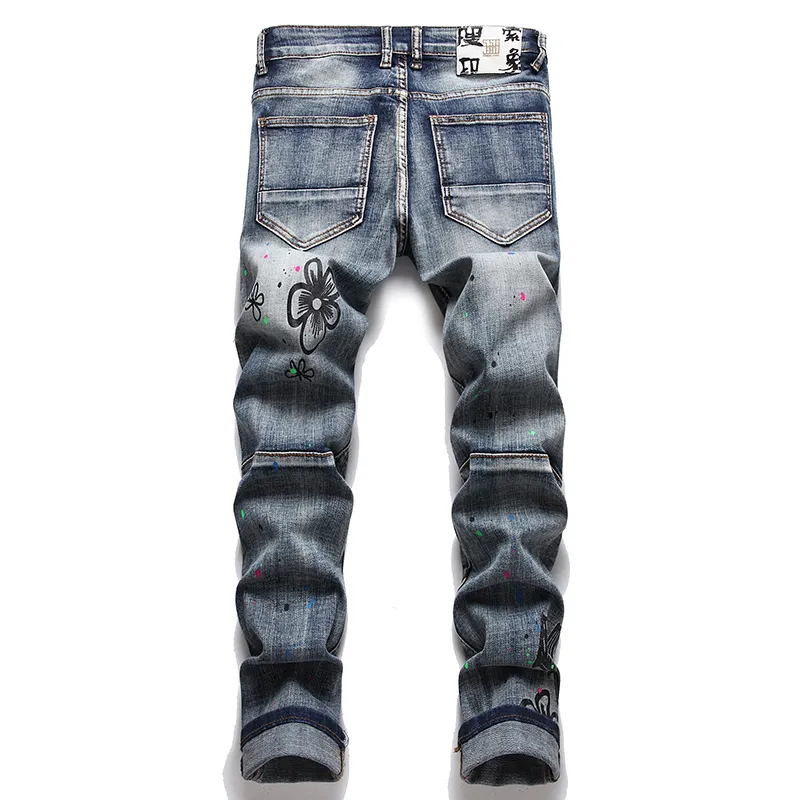 Summer Punk Men's Jeans Printed Cotton Denim Trousers Fashion Urban Mid Waist Casual Pants For Male Vaqueros de hombre232u