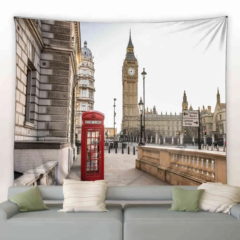 Tapestry Retro Big Ben Red Phone Box Tapestry London Street Landscape Modern Fa