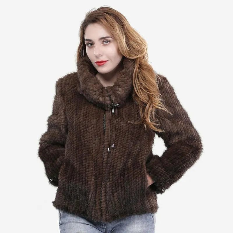 Piel de mujer Faux Rusia Mujeres Invierno Cálido Abrigo genuino 100% Natural Real Chaqueta Dama Moda Punto Manga larga Abrigos de cuello grande Mujer Wo