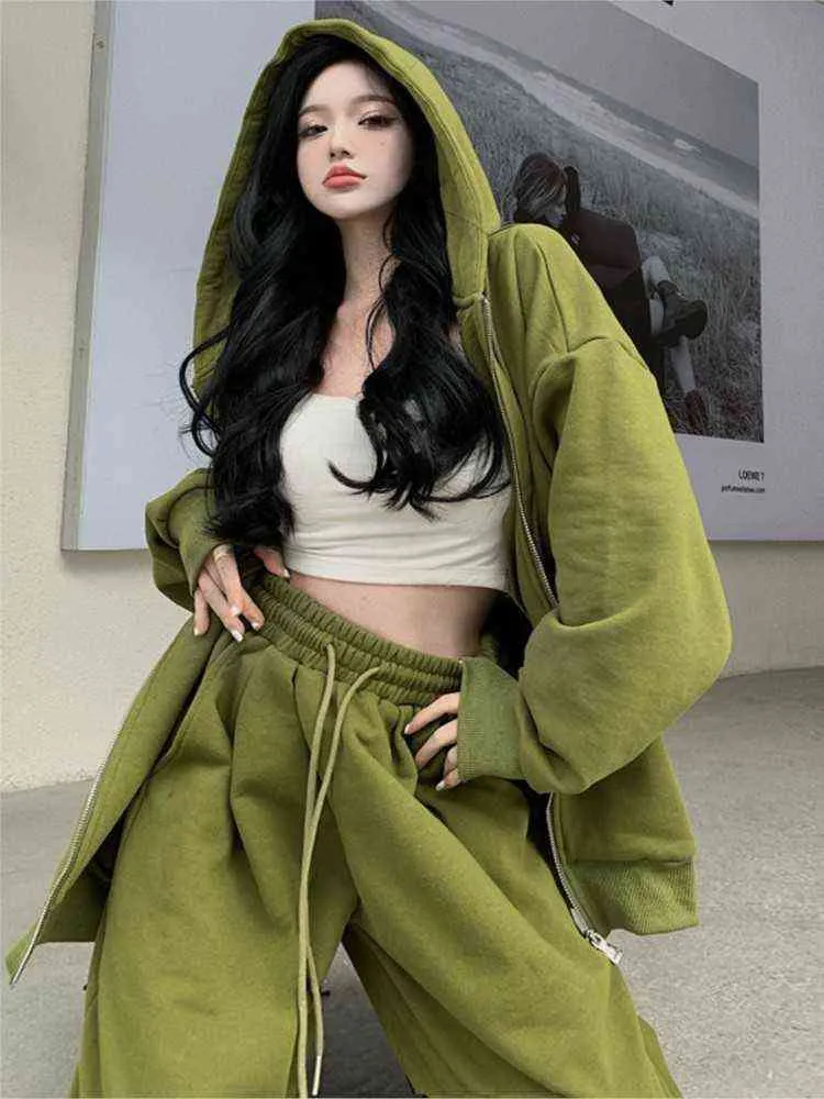 Women Casual Green Pants Set Spring Autumn Loose Hooded Sweater Straight Trousers Suit Korean Oversized 2 Piece Set T220726