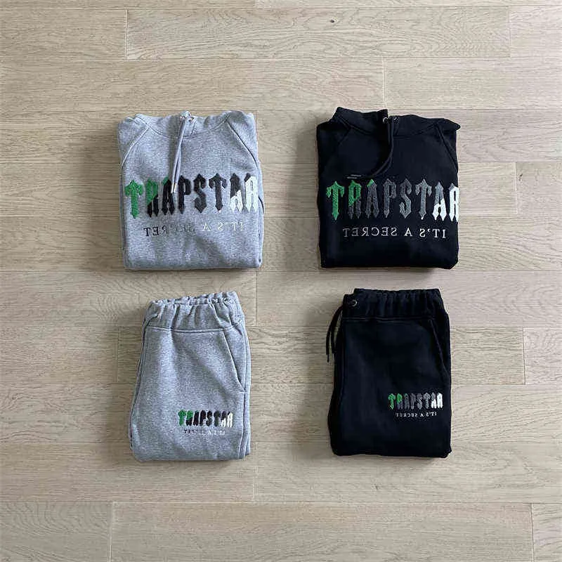 Tuta da uomo Trapstar Combinazione Felpa con cappuccio decodificata in ciniglia Pantaloni da jogging Giacca ricamata da donna verde di alta qualità