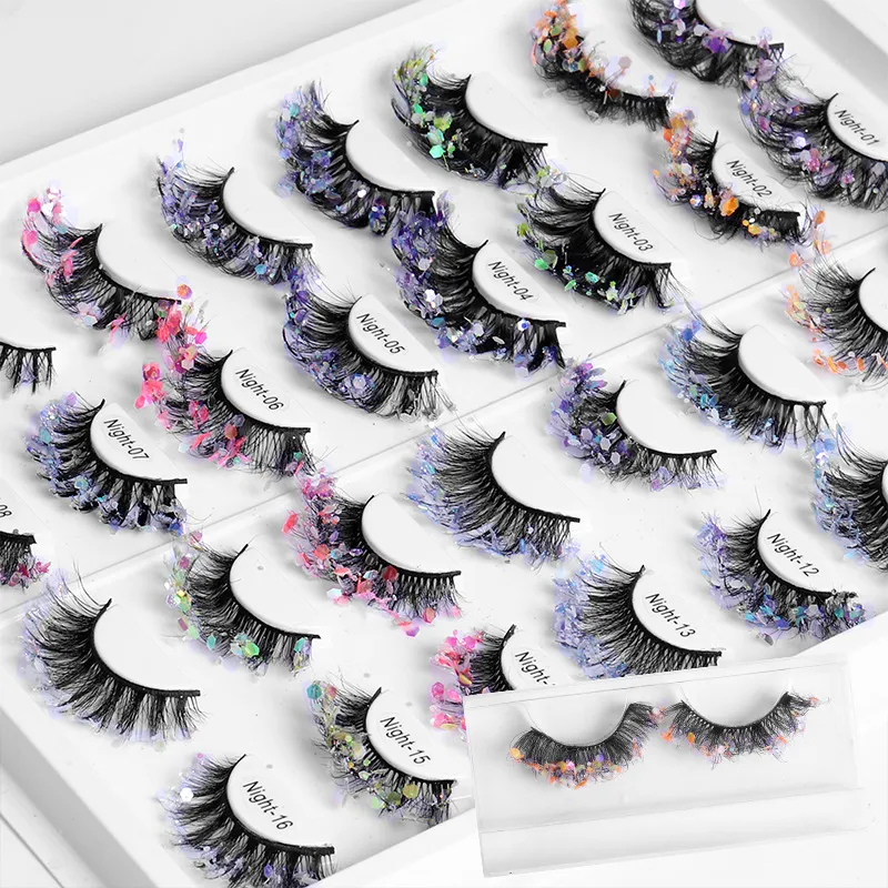 Mode tjock lockig 3d nattlysande falska ögonfransar mjuka ljus återanvändbara handgjorda röriga crisscross sequined falska fransar multilayer eyelash extensions dhl