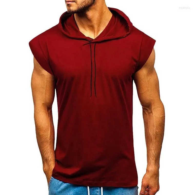 Heren t-shirts heren hoodie v nek trekstring zwarte tops massieve kleur mouwloos zakvest fashionmensen van Milde22