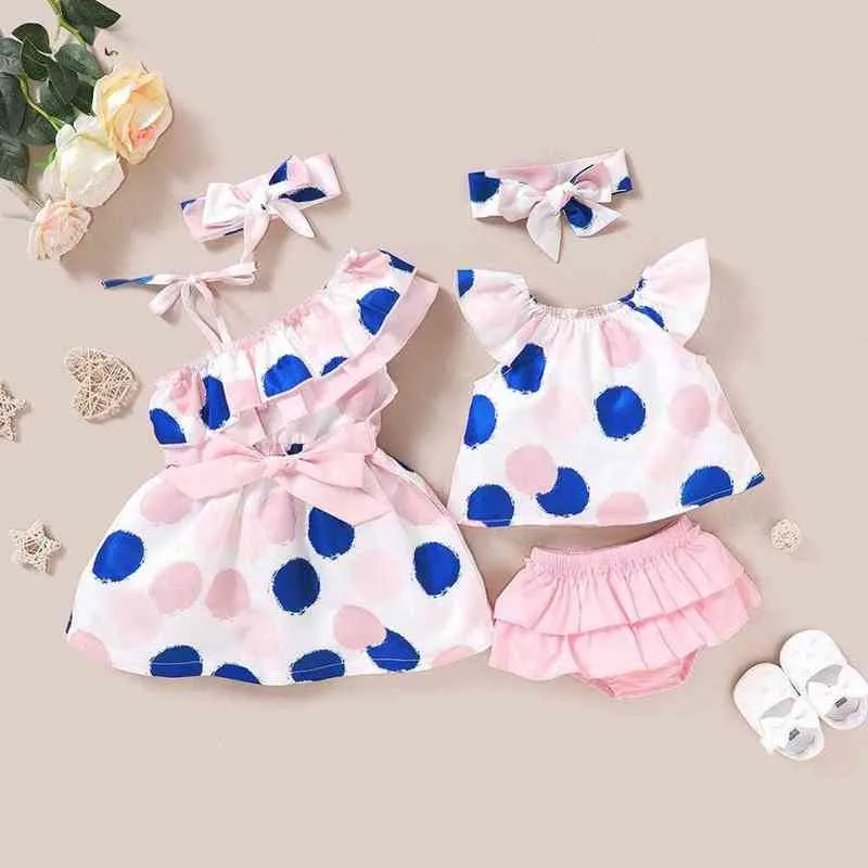 Summer Baby Girl Sleeveless Dot Pattern Print Dress Vest Tops Solid Color Shorts + Headband Sets Children's Clothing G220506