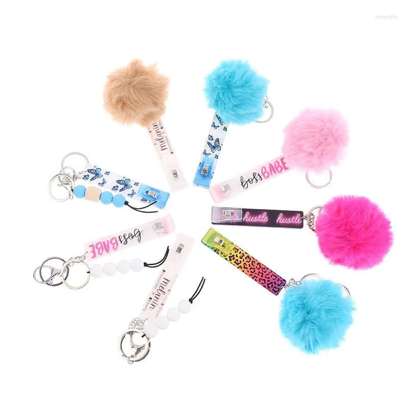 Keychains Fashion Personalized Plastic ATM Credit Debit Designers Card Grabber Keychain Clip For Long Nails With Pom PomKeychains Fier22