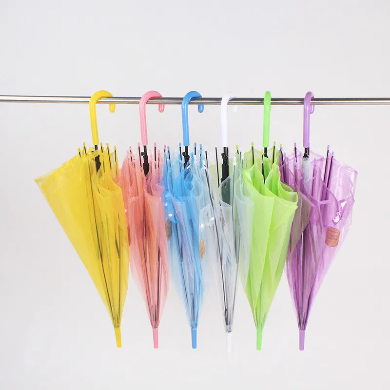 Umbrella transparente PVC Long Handle Handle Candy Color Worins for Rain Cover Protective