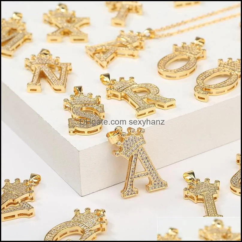 rhinestone crown letter necklace hip hop jewelry charm 26 letters a to z pendant necklaces for women men diamond name chain