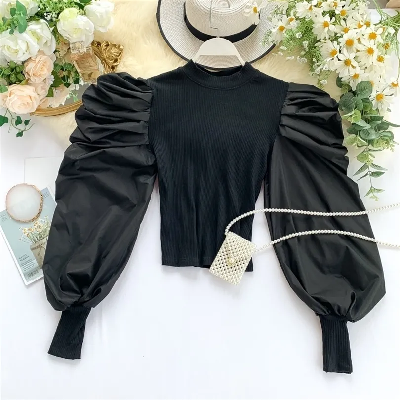 Autumn Fold Long Puff Sleeve Ins Tight Short Crop Topps Women Solid Color Round Neck Casual Shirts Blusa Femininas Elegante J650 T200320