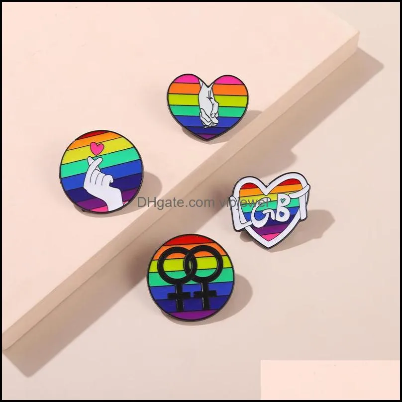 lovers rainbow heart round letters brooches pins unisex alloy enamel love circle badges european accessories for bags hats sweater clothes