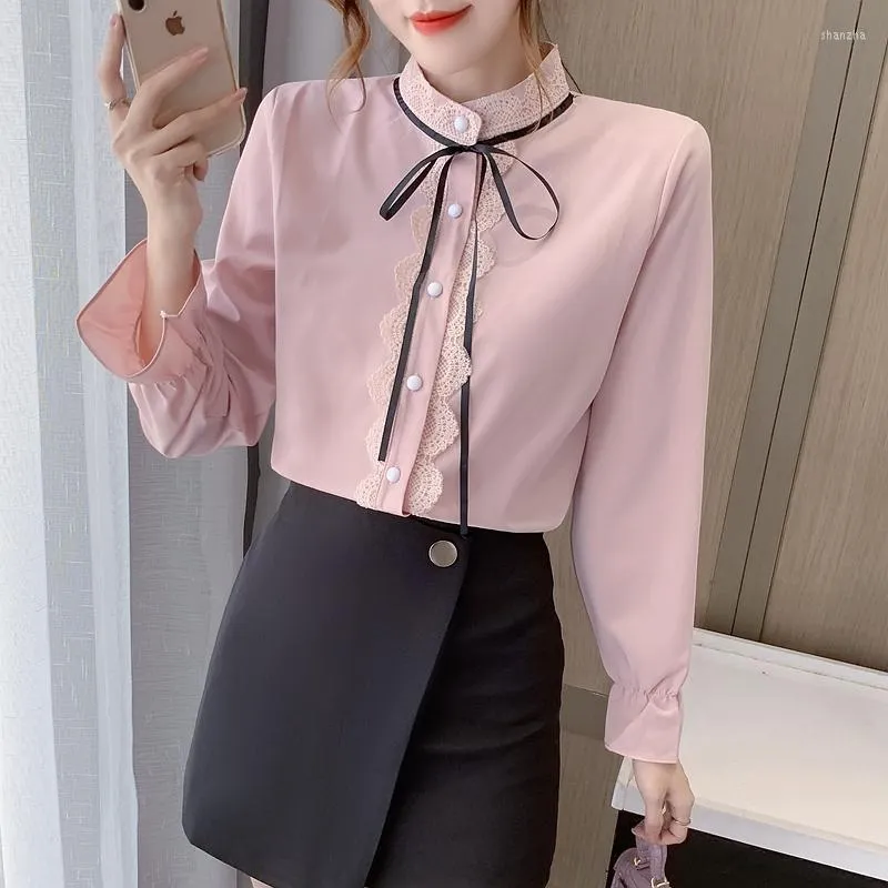 Women's Blouses & Shirts Chikichi Thin Shirt Female 2022 Autumn French Fashion Lace Bow Tie Stand Collar Trumpet Sleeve Pink TopWomen's