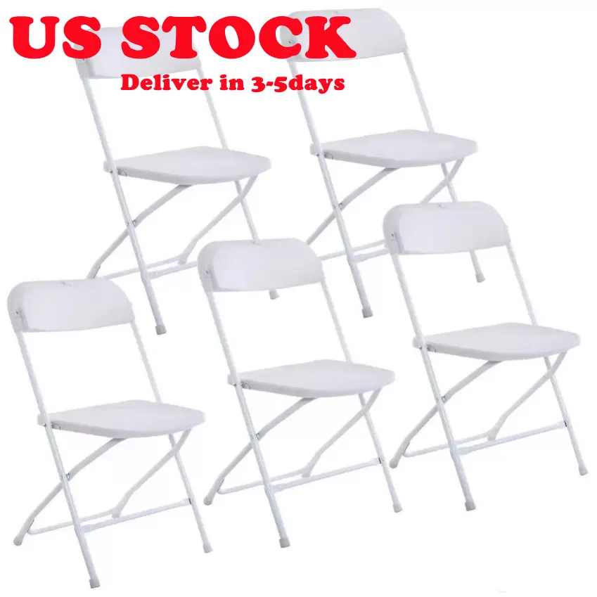 私たちは新しいプラスチックの折りたたみ椅子ウェディングパーティーイベントチェアコマーシャルホワイトビーチガーデンパーク用品を米国