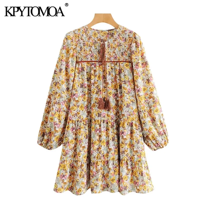 Women Fashion With Tassel Floral Print Mini Dress Vintage Long Sleeve Smocked Elastic Female Dresses Vestidos 220526