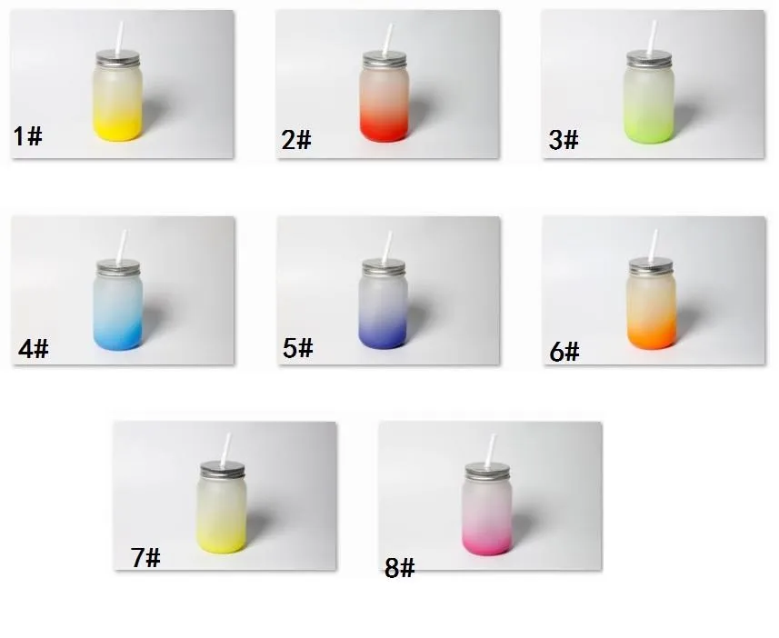 12oz Sublimation Blank Frosted Glass Mugs Gradient Color Mason Jar With Lid Plastic Straw Cup Free DHL HH22-42