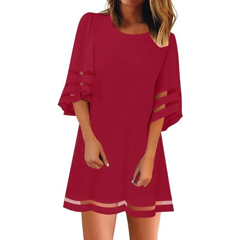 Summer Woman Dress Women's O Neck Mesh Panel Blouse 3/4 Bell Sleeve Loose Top Shirt Vestidos Robe Femme Vrouw Jurk Casual Dresses