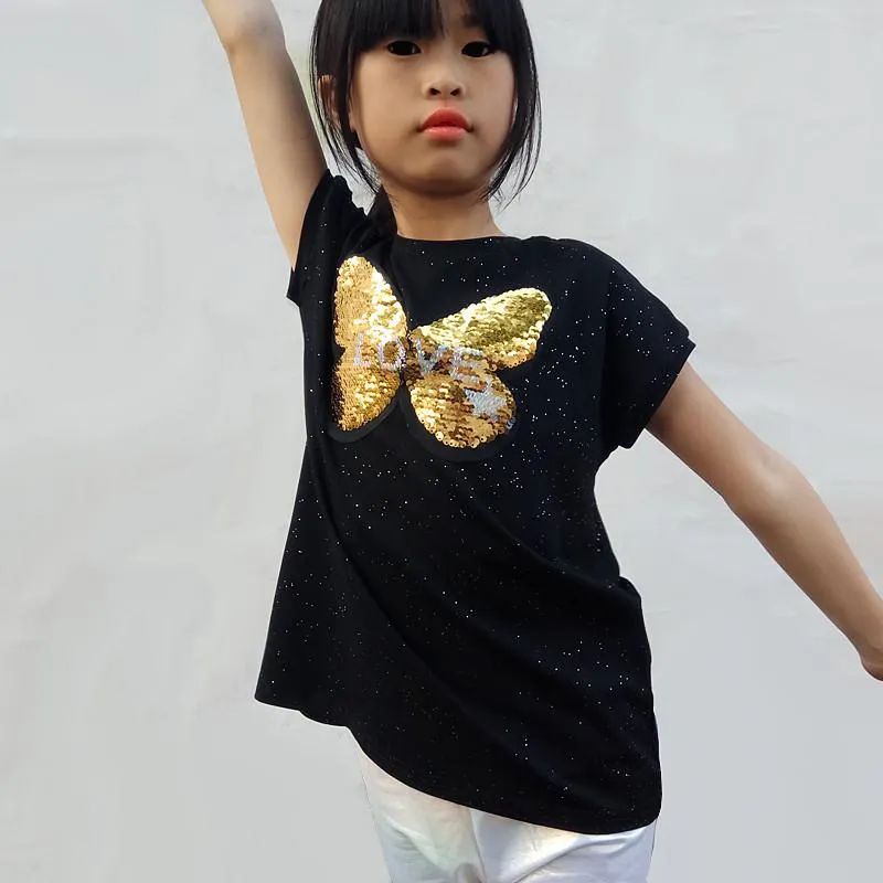 T-Shirts Yaz Kız Sequin T-Shirt Çocuk Pamuk Üst Sequins Butterfly Paris Girls T Sıradan Büyük Dönüşüm Tshirtt-Shirt