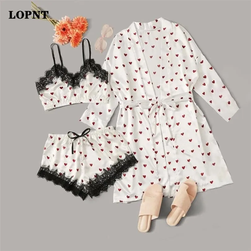 LOPNT 3 PCS Pyjamas Frauen Sexy Kontrast Spitze Herz Druck Satin Robe Wireless Bh Leibchen Shorts Streifen Hause Kleidung für Frauen LJ200822