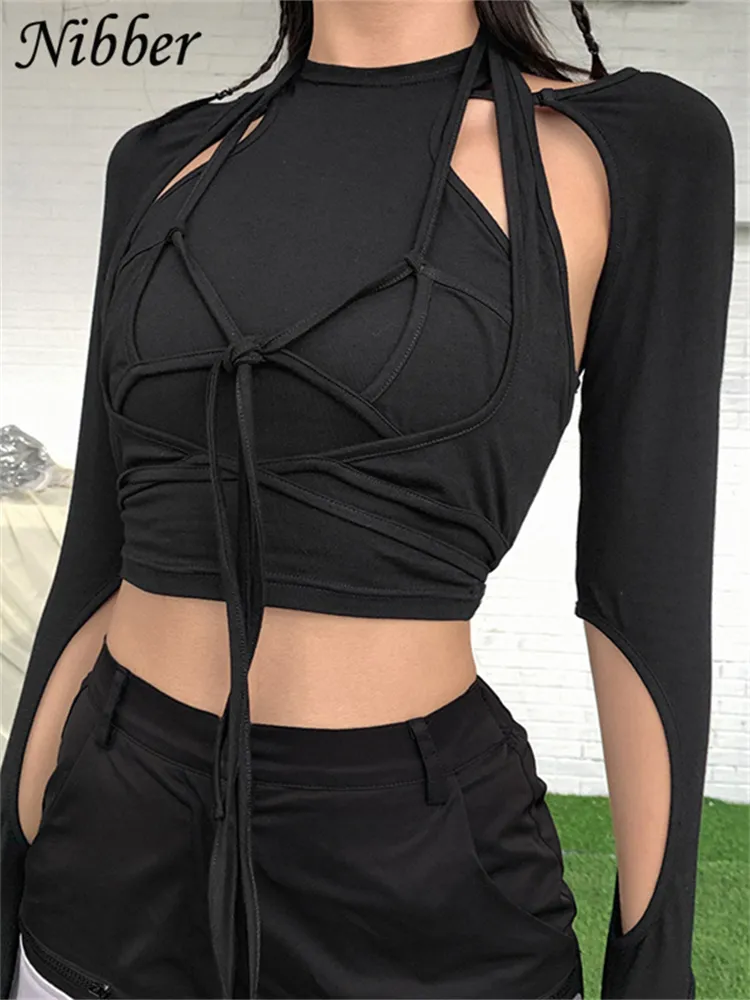 Nibber Gothic hollow tshirt 2 pieces crop top summer black Punk bandage tassel high streetwear party cotton tees female 220714