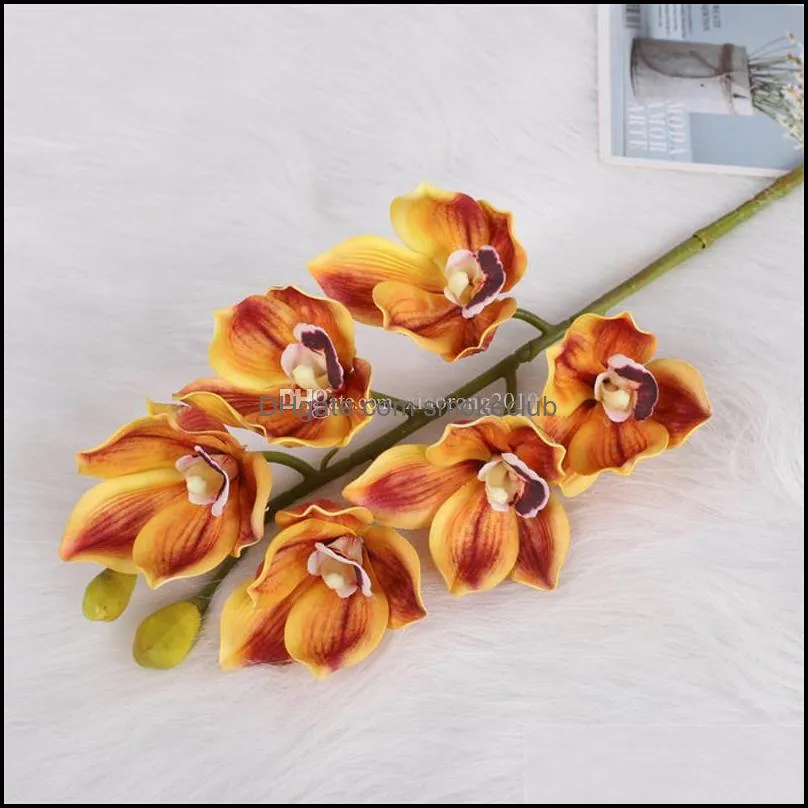 One Silicon Oriental Cymbidium Orchid Flower Branch Artificial Good Quality Moth Phalaenopsis Butterfly Orchid 6 Heads