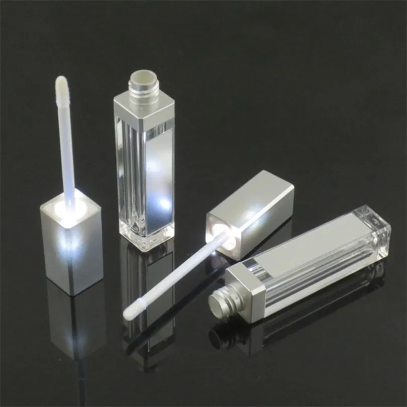 50PCS 7ML LEDライトシルバーコスメティックリップスティックコンテナメイクアップツールプラスチックスクエアコンシーラーボトルリップグロスチューブミラーT200819