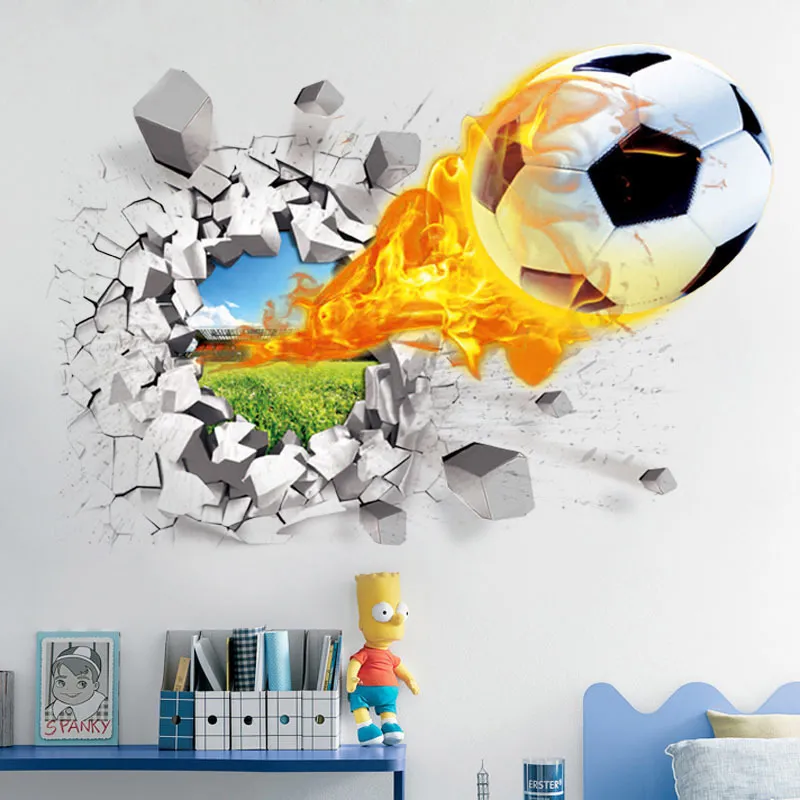 3D voetbal gebroken muursticker voor kinderkamer wonen sportdecoratie muurschildering stickers home decor stickers papier 220607