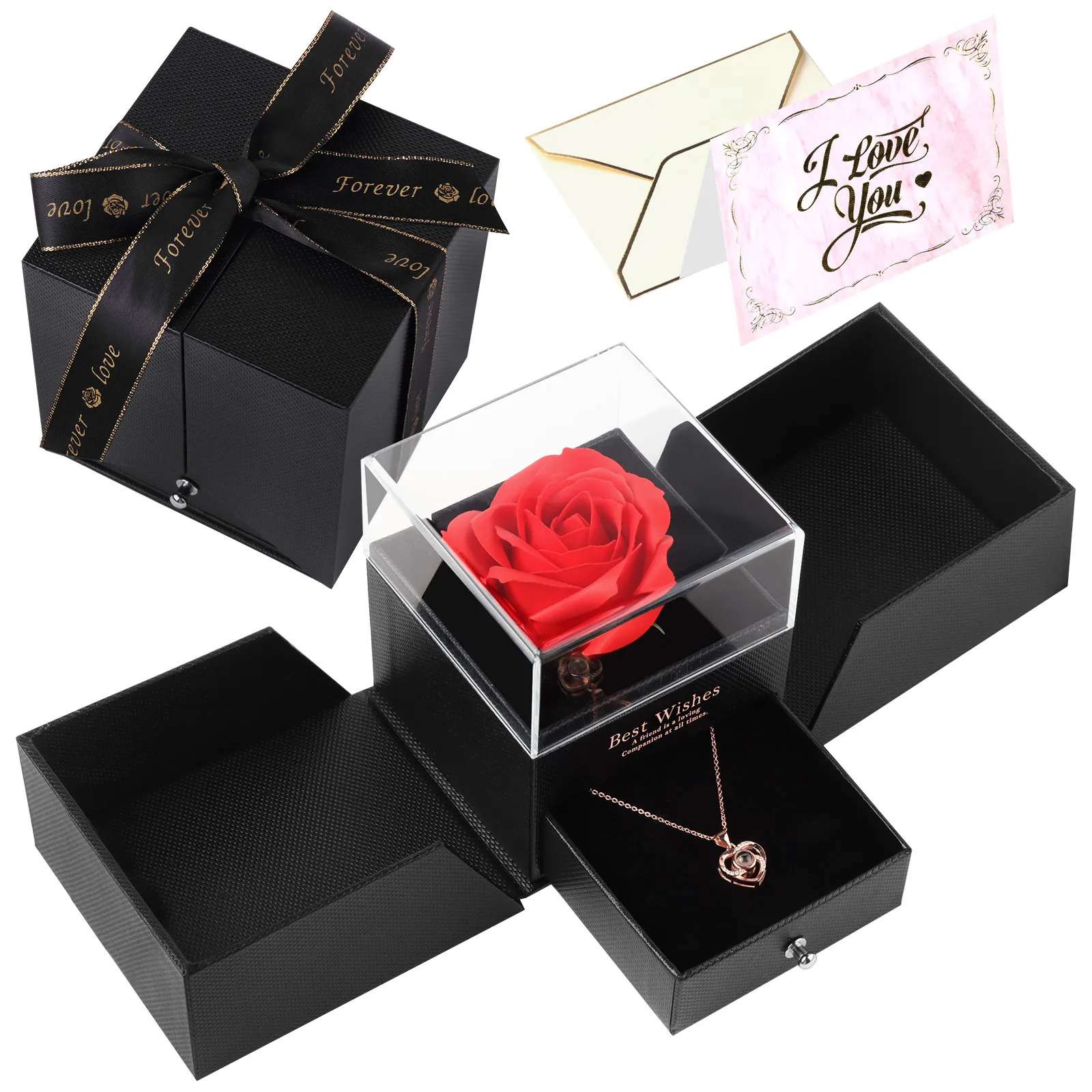 Autres fournitures de fête festive Behogar Boîte à bijoux rose savon fleur éternelle avec collier coeur cadeau surprise romantique pour femme petite amie le jour de la Saint-Valentin 230206