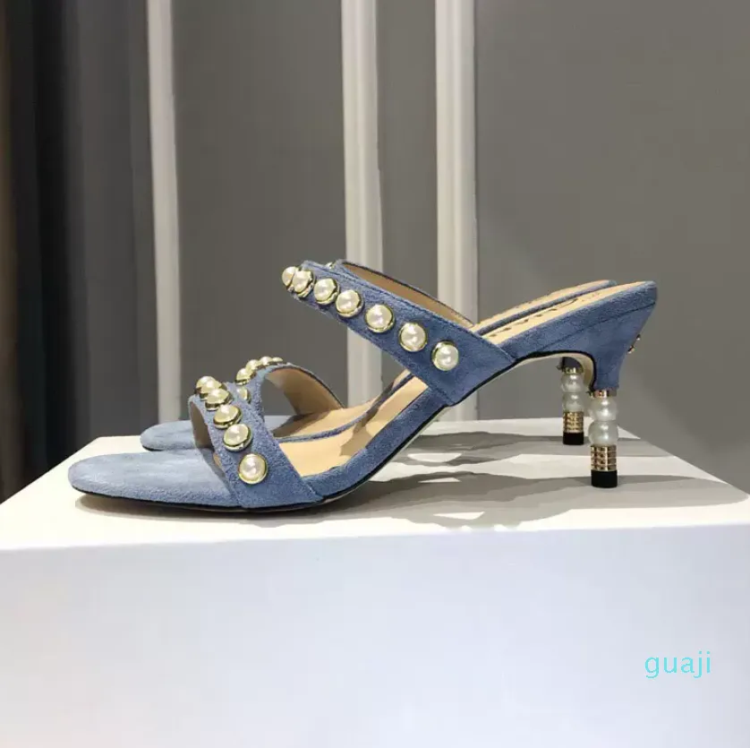 Designer Kvinnors Tofflor Sandaler Skor Heel Höjd 6cm Flip Brand Läder Sandaler USA 4.5-10
