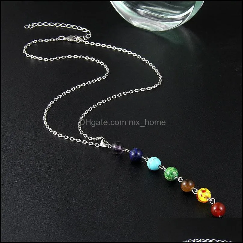 Simple Style 7 Chakra Multicolor Natural Stone Beads Pendant Necklace Long Chain For Women Charm Collier Collares Yoga Jewelry YFA2961